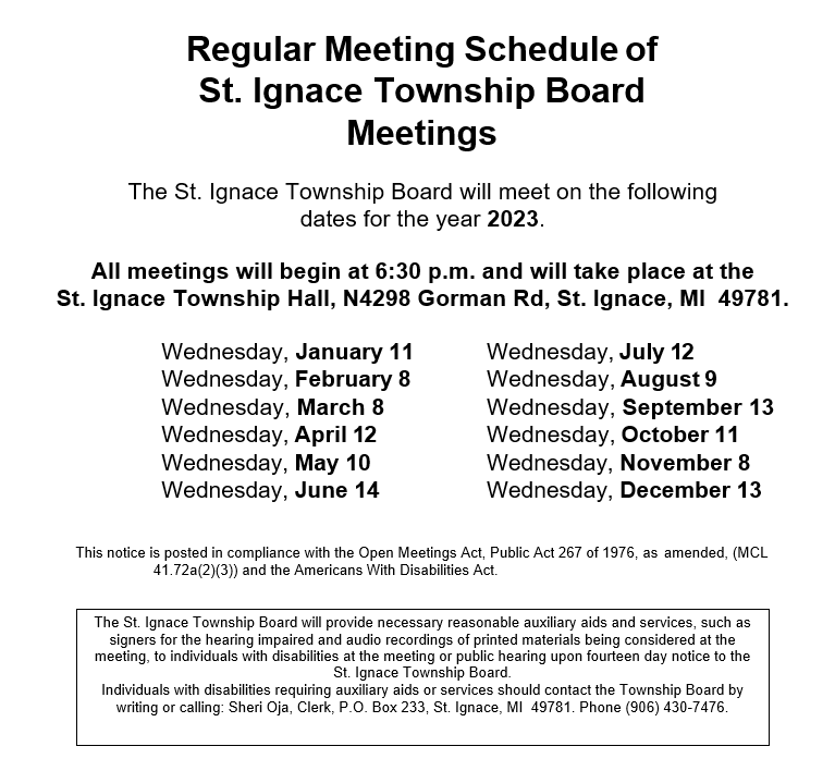 Meeting Schedule for 2023 St. Ignace Township